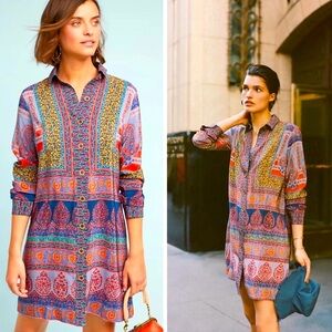 Anthropologie Blue and Purple Polo Collar Shirt Dress